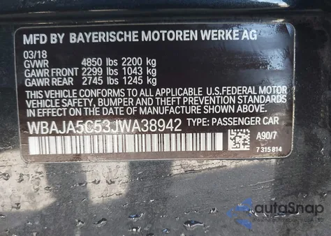 2018 BMW 530I z USA, uszkodzony, nr VIN WBAJA5C53JWA38942